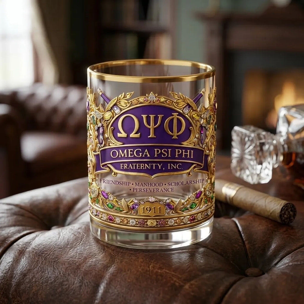 Omega Psi Phi 1911 Gold Trimmed Whiskey Glass Omega Psi Phi Merch Gifts For Dudes - Merchluma