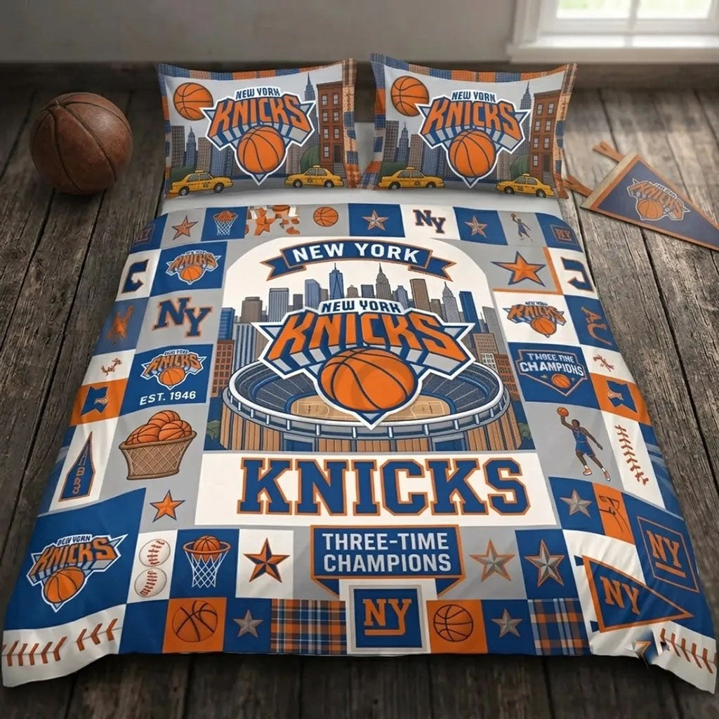 New York Knicks Three-Time Champions Bedding Set NY Knicks Merch Basketball Lover Bedroom Decor - Merchluma