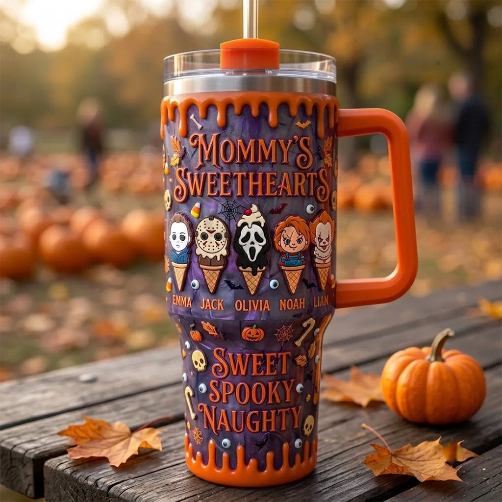 Custom Mommy's Sweethearts Sweet Spooky Naughty Horror Character Tumbler Music For Reading Merch - Merchluma
