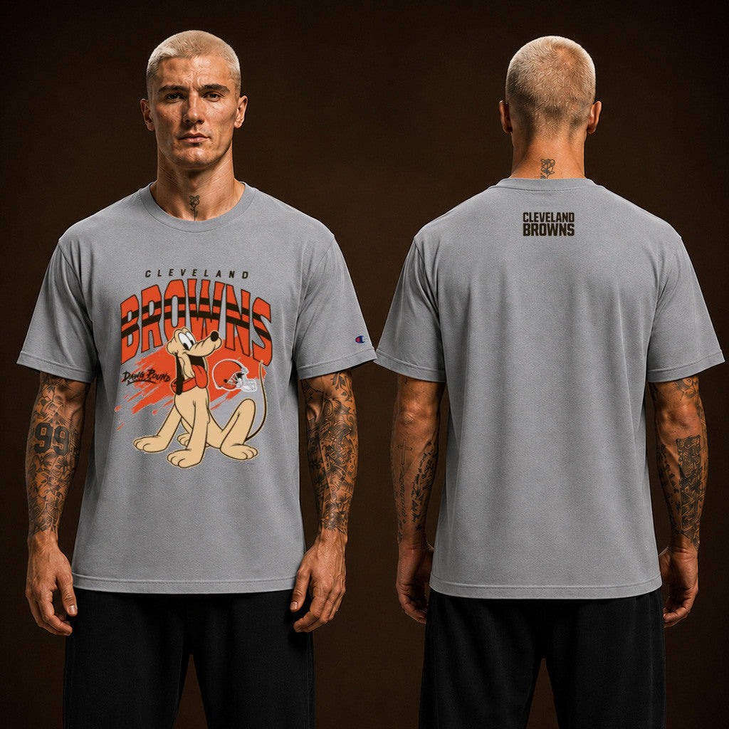Disney X NFL Cleveland Browns Merch Disney X NFL Champion NFL Pluto Cleveland Browns T-Shirt Gifts - Merchluma