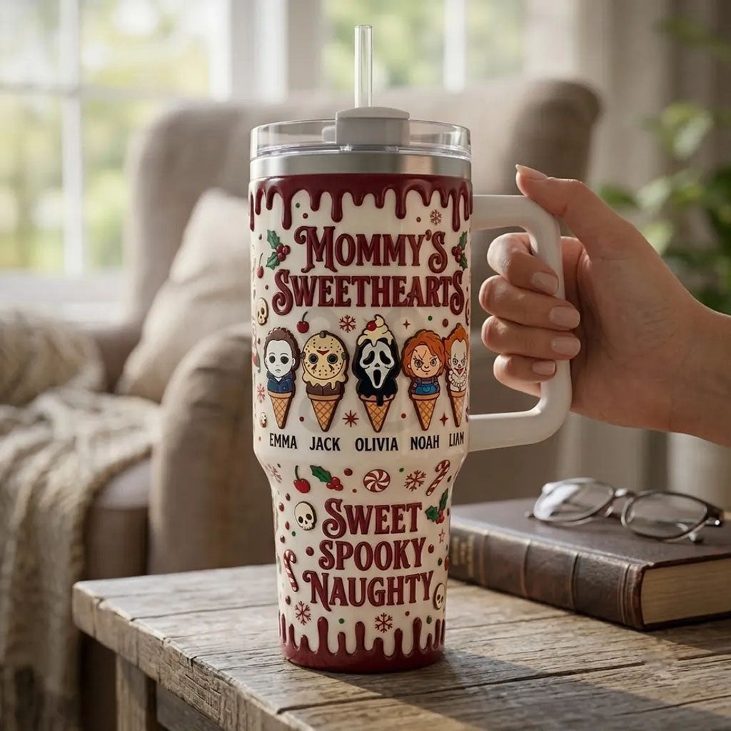 Personalized Mommy's Sweethearts Sweet Spooky And Naughty Horror Characters Christmas Tumbler - Merchluma