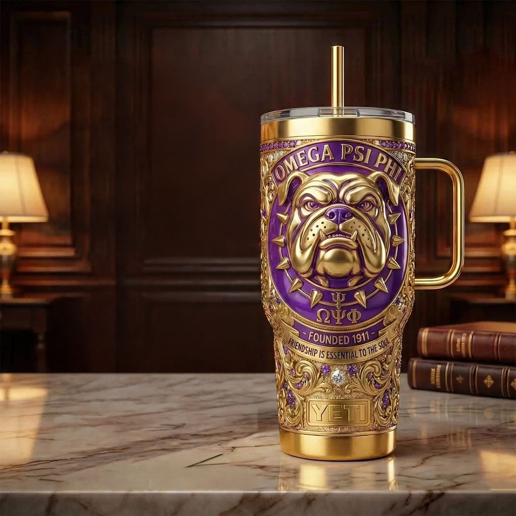 Omega Psi Phi Violet and Gold Bulldog Tumbler Omega Psi Phi Merch Gift For Friends - Merchluma