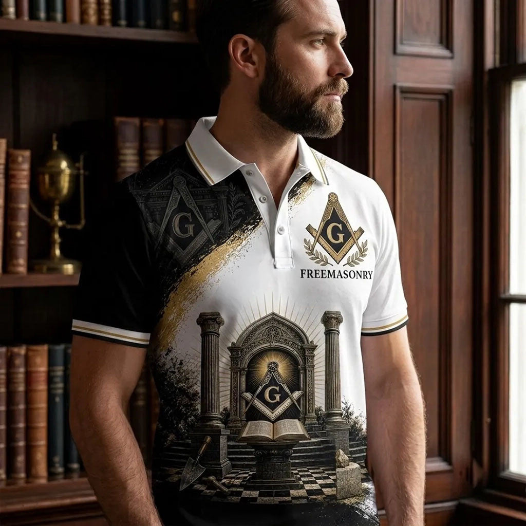 Freemasonry Masonic Square and Compass Black White Polo Shirt Freemason Brotherhood Gift For Men - Merchluma