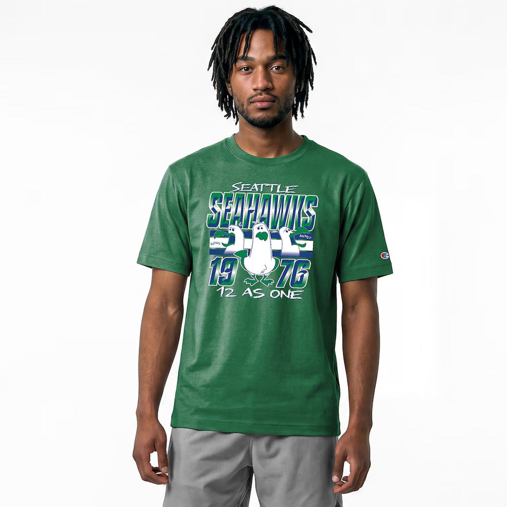 Disney X NFL Seattle Seahawks Merch Disney Champion Collab Seagulls All-Star T-Shirt 12 As One Tee - Merchluma