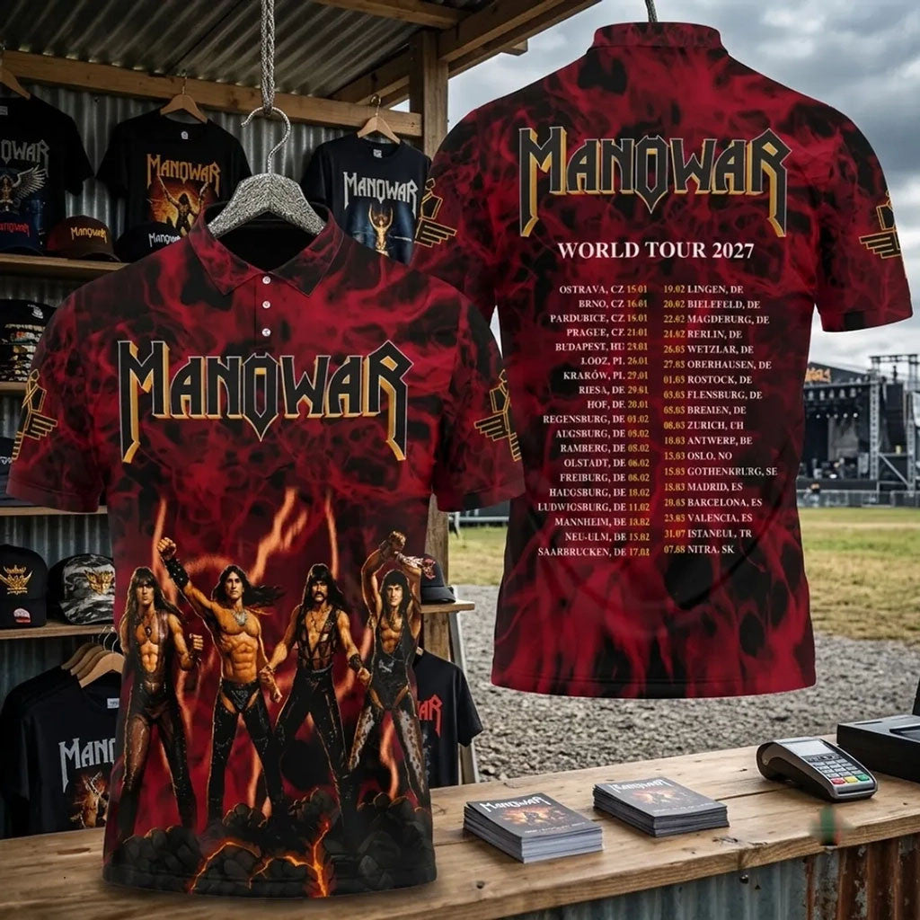 Manowar Red Flame World Tour 2027 Polo Shirt Manowar Merch Gifts For Music Fans - Merchluma
