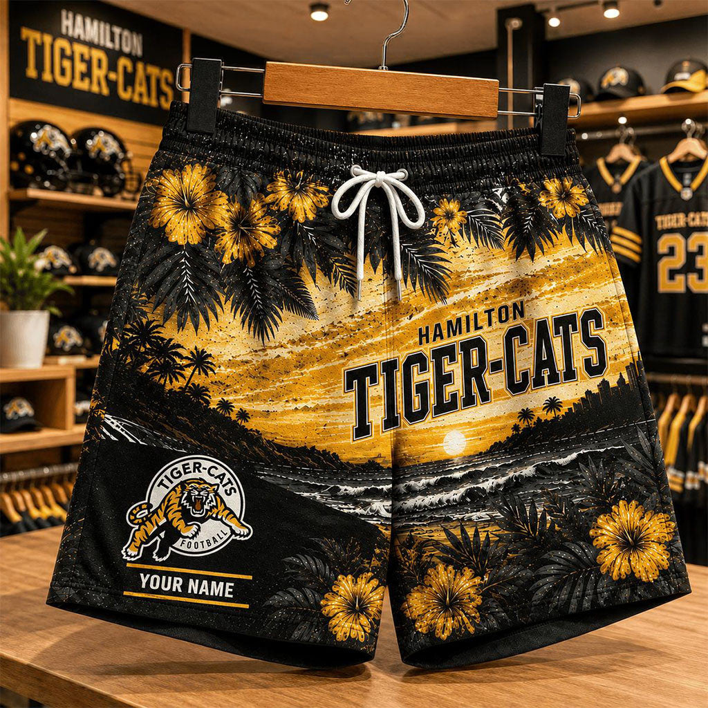 Custom Hamilton Tiger-Cats CFL New Style Hawaiian Flower Shorts Tiger-Cats Merch Son Gifts - Merchluma