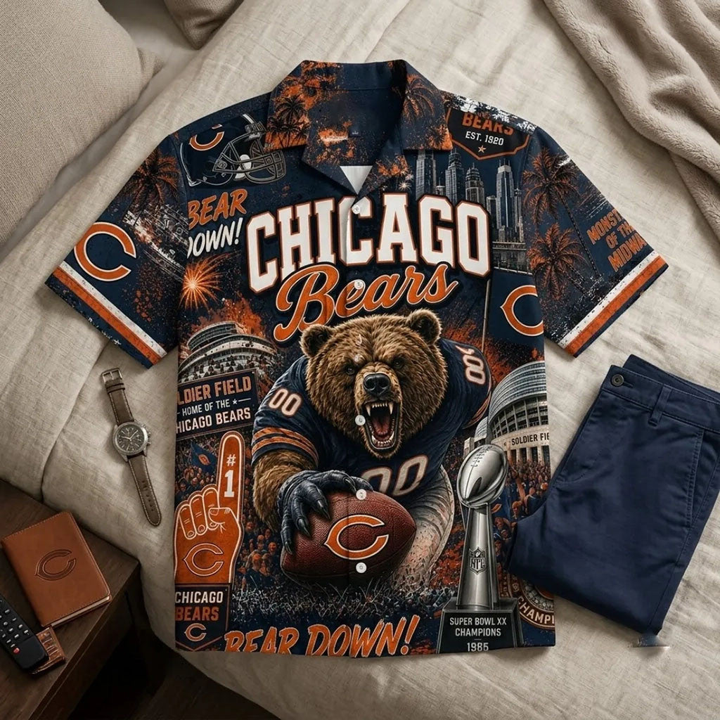 Chicago Bears 1985 Champions Hawaiian Shirt Bear Down Aloha Shirt Chicago Bears Merch Gifts - Merchluma