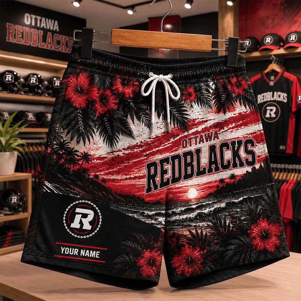 Custom Ottawa Redblacks CFL New Style Hawaiian Flower Short Redblacks Merch Gifts For Football Fan - Merchluma