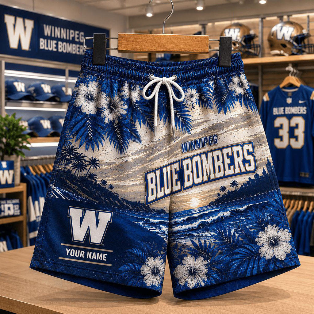 Custom Winnipeg Blue Bombers CFL New Style Hawaiian Flower Shorts Blue Bombers Merch Men - Merchluma