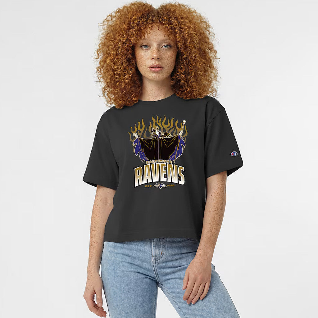 Disney X NFL Baltimore Ravens Merch Disney X NFL Champion Black Maleficent And Diablo All-Star T-Shirt - Merchluma