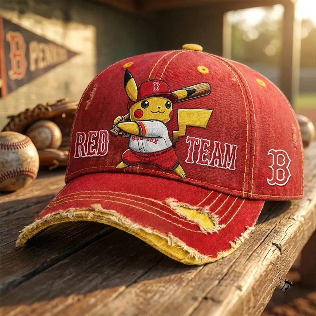 Boston Red Sox Pikachu Distressed Baseball Hat Game Day Cap Red Sox Merch Fan Gifts - Merchluma