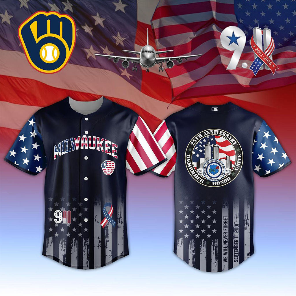 Milwaukee Brewers x 911 25th Anniversary 2001 2026 Jersey Brewers Merch Patriot Day Gifts - Merchluma
