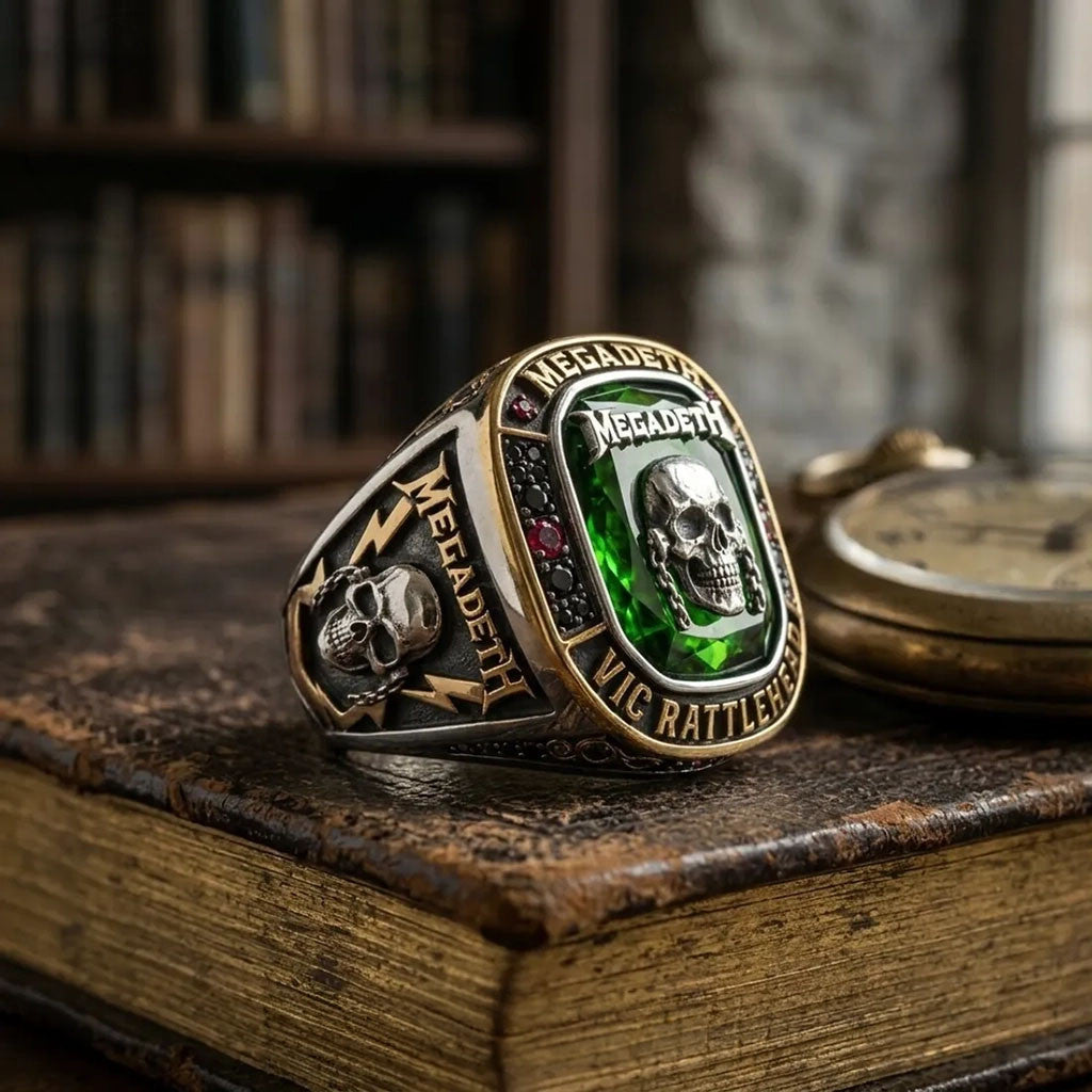 Megadeth Vic Rattlehead Green Stone Ring Megadeth Merch Gift For Music Fans - Merchluma