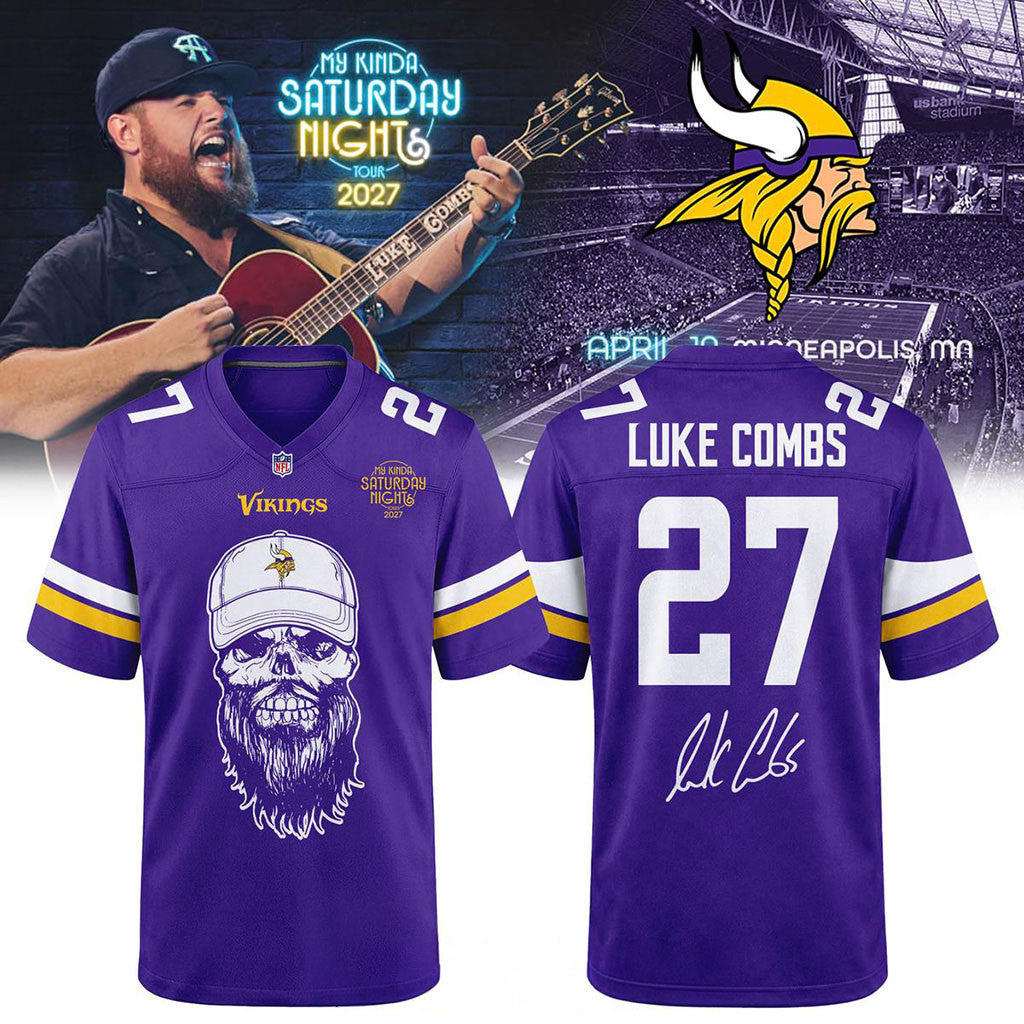 Minnesota Vikings x Luke Combs My Kinda Saturday Night Tour 2027 Jersey Vikings Merch Purple - Merchluma