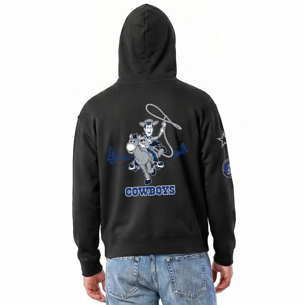 Dallas Cowboys X Disney Merch Disney X NFL Champion Black Cowboys Woody All-Star Zip Hoodie Collab - Merchluma