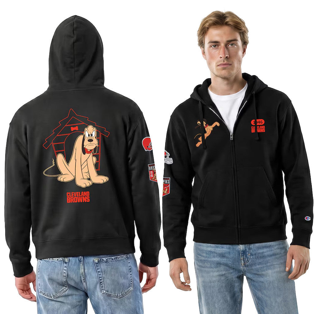 Disney X NFL Cleveland Browns Merch Browns Disney X NFL Champion Black Pluto All-Star Zip Hoodie Gifts - Merchluma