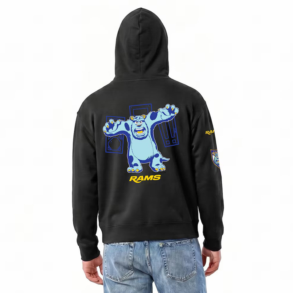 Disney X NFL Los Angeles Rams Merch Disney X NFL Champion Sulley All-Star Zip Hoodie Black Fan Gear - Merchluma