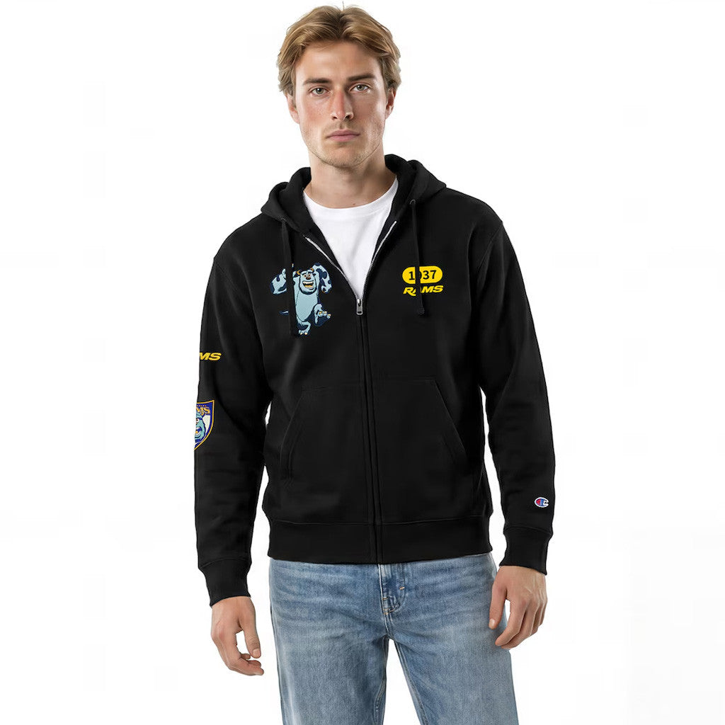 Disney X NFL Los Angeles Rams Merch Disney X NFL Champion Sulley All-Star Zip Hoodie Black Fan Gear - Merchluma