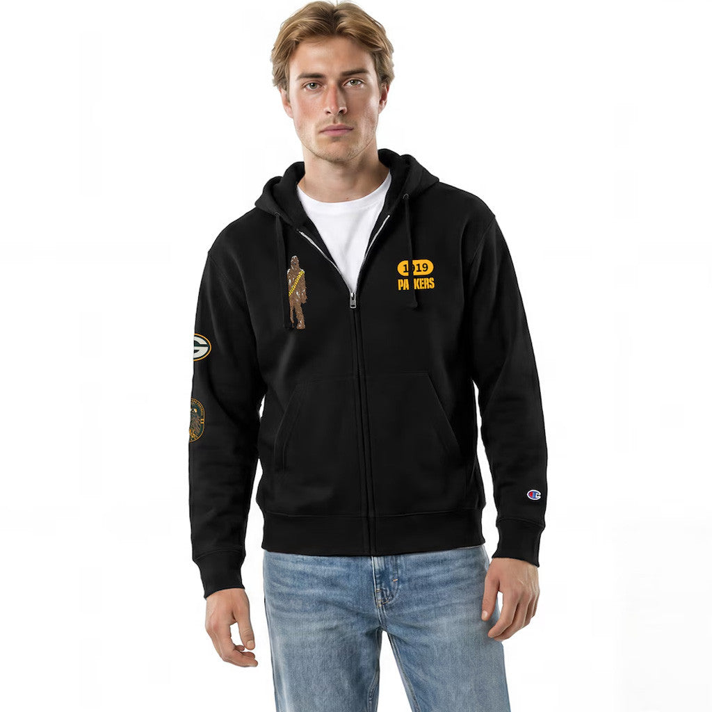 Green Bay Packers Disney X NFL Champion Chewbacca All-Star Zip Hoodie Black Disney NFL Collab Merch - Merchluma