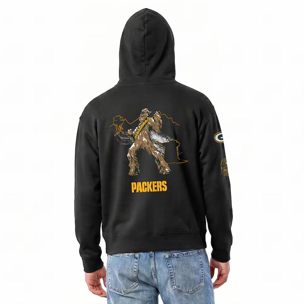 Green Bay Packers Disney X NFL Champion Chewbacca All-Star Zip Hoodie Black Disney NFL Collab Merch - Merchluma