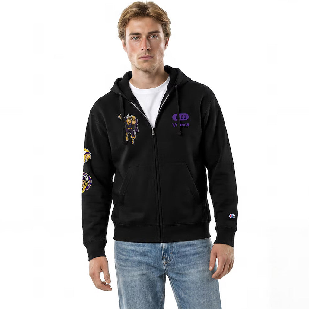 Minnesota Vikings X Disney Merch MN Vikings Disney X NFL Champion Thor All-Star Zip Hoodie Black - Merchluma