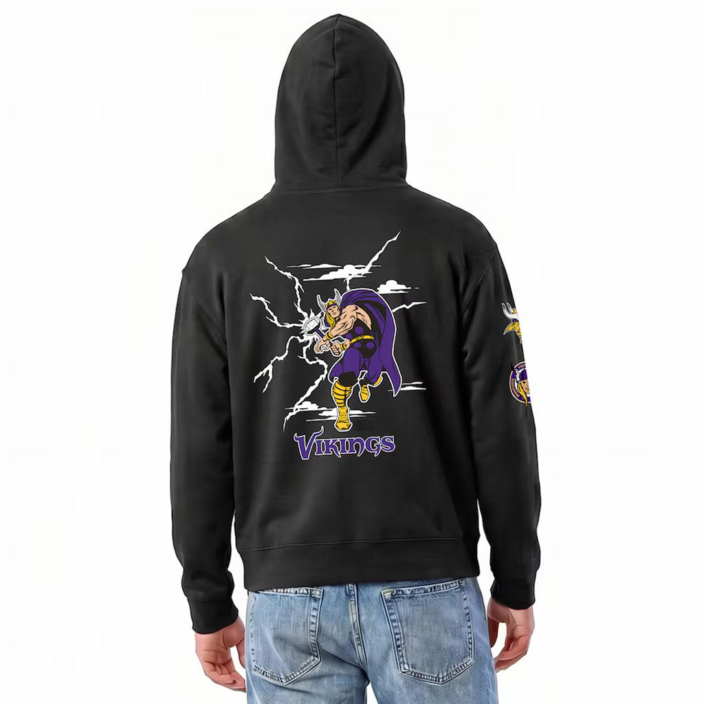 Minnesota Vikings X Disney Merch MN Vikings Disney X NFL Champion Thor All-Star Zip Hoodie Black - Merchluma
