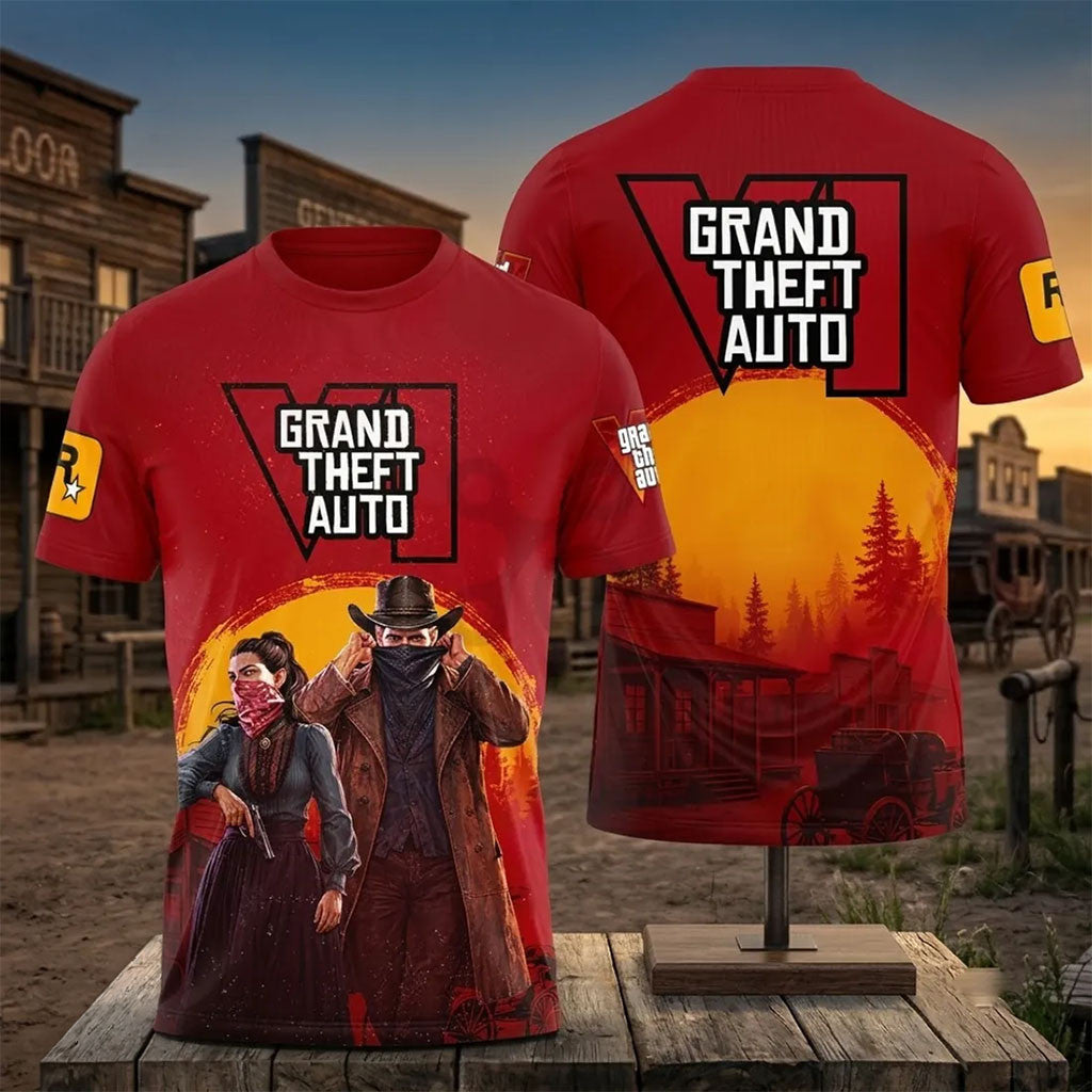 Grand Theft Auto VI Western Outlaw T-Shirt Red Dead Inspired Gaming Shirt Gift For Gamers - Merchluma