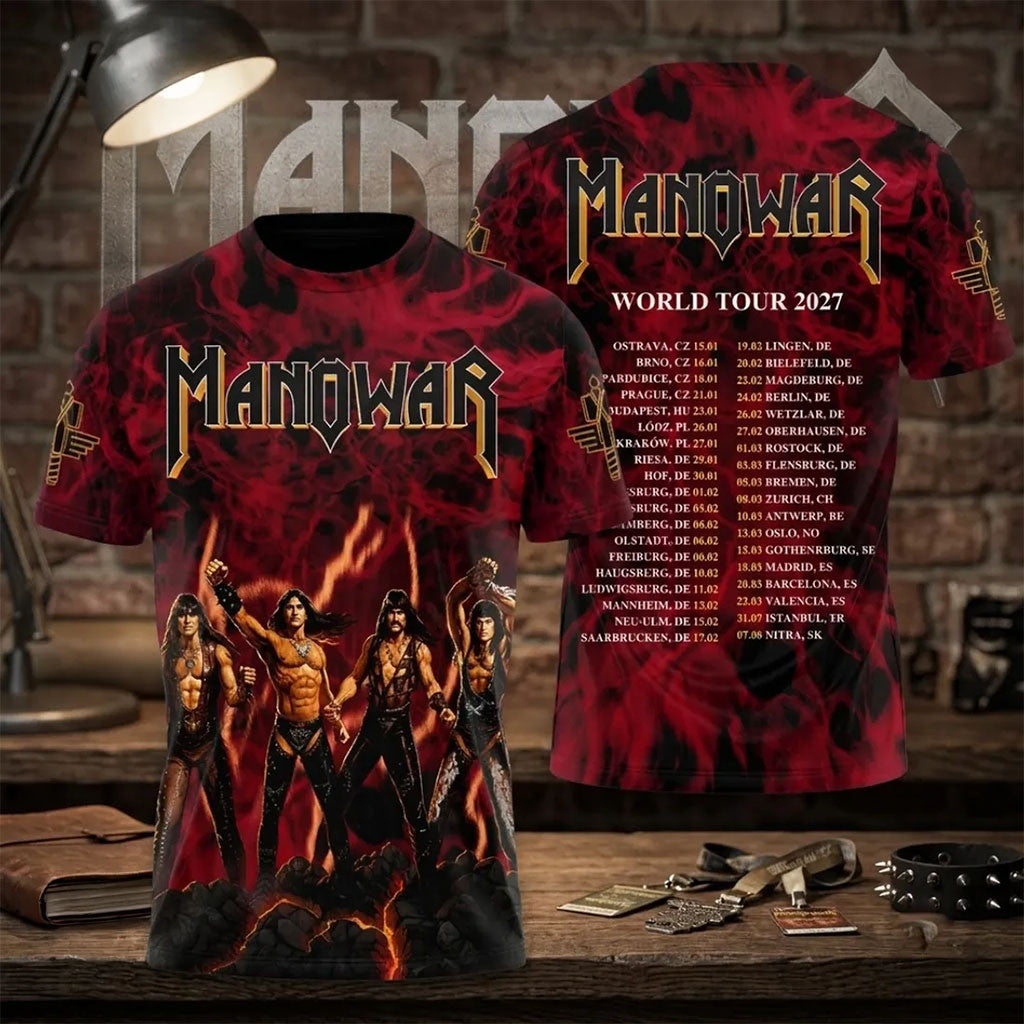 Manowar 2027 World Tour Red Flame T-Shirt Manowar Merch Gifts For Music Lovers - Merchluma