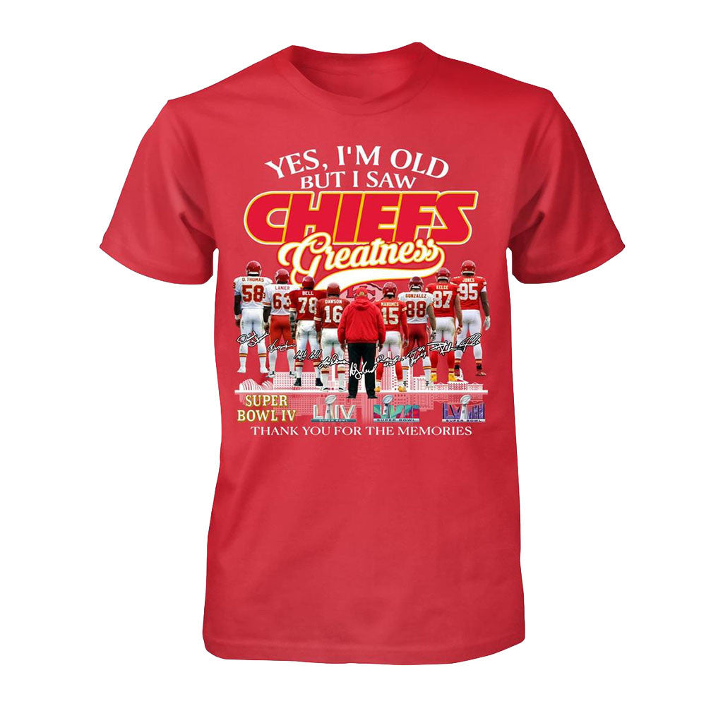 Kansas City Chiefs Yes I'm Old But I Saw Greatness T-Shirt KC Chiefs Merch Gift For Fans - Merchluma