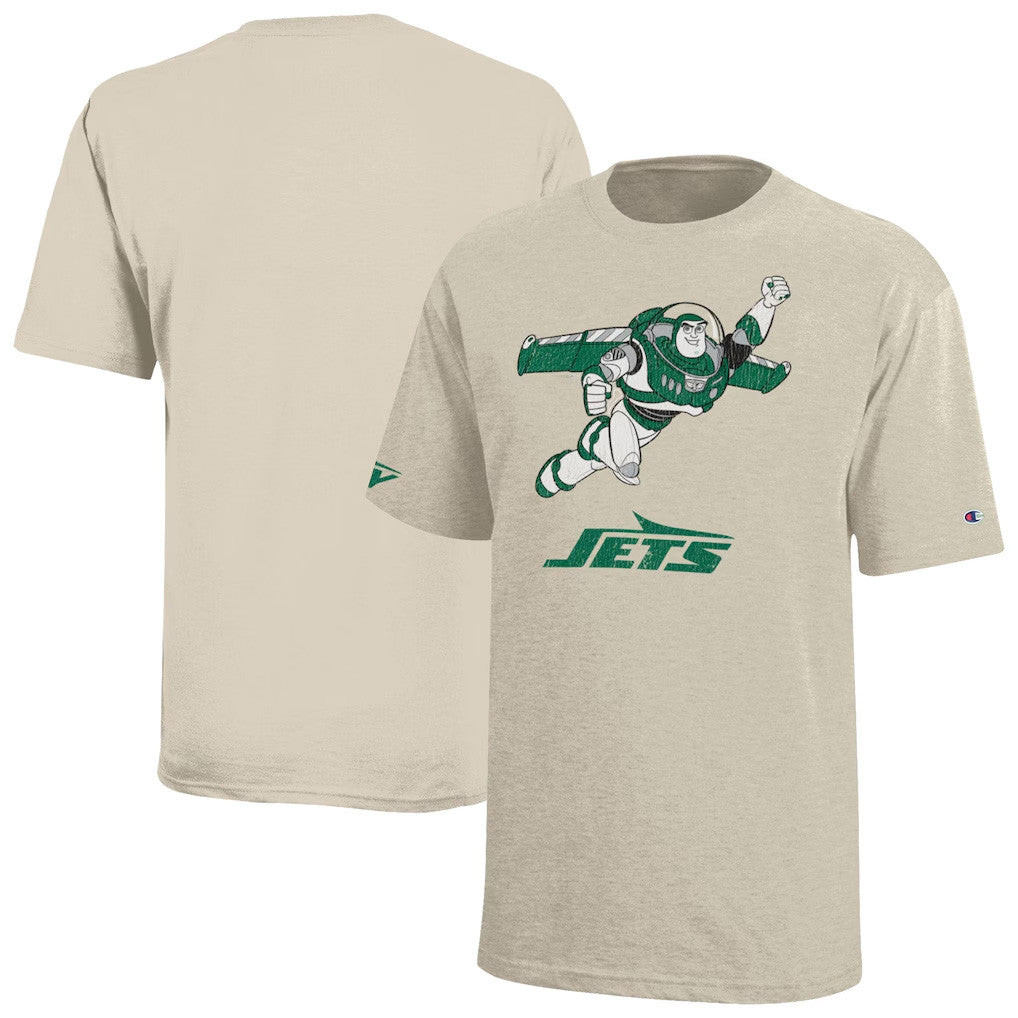 Disney X NFL New York Jets Merch Jets Disney X NFL Champion Buzz Lightyear T-Shirt Disney NFL Collab - Merchluma