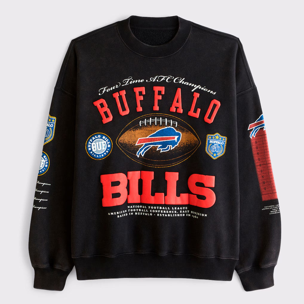 Abercrombie & Fitch x NFL Merch 2026 Buffalo Bills Four Time Champions Black Sweatshirt Bills Merch - Merchluma