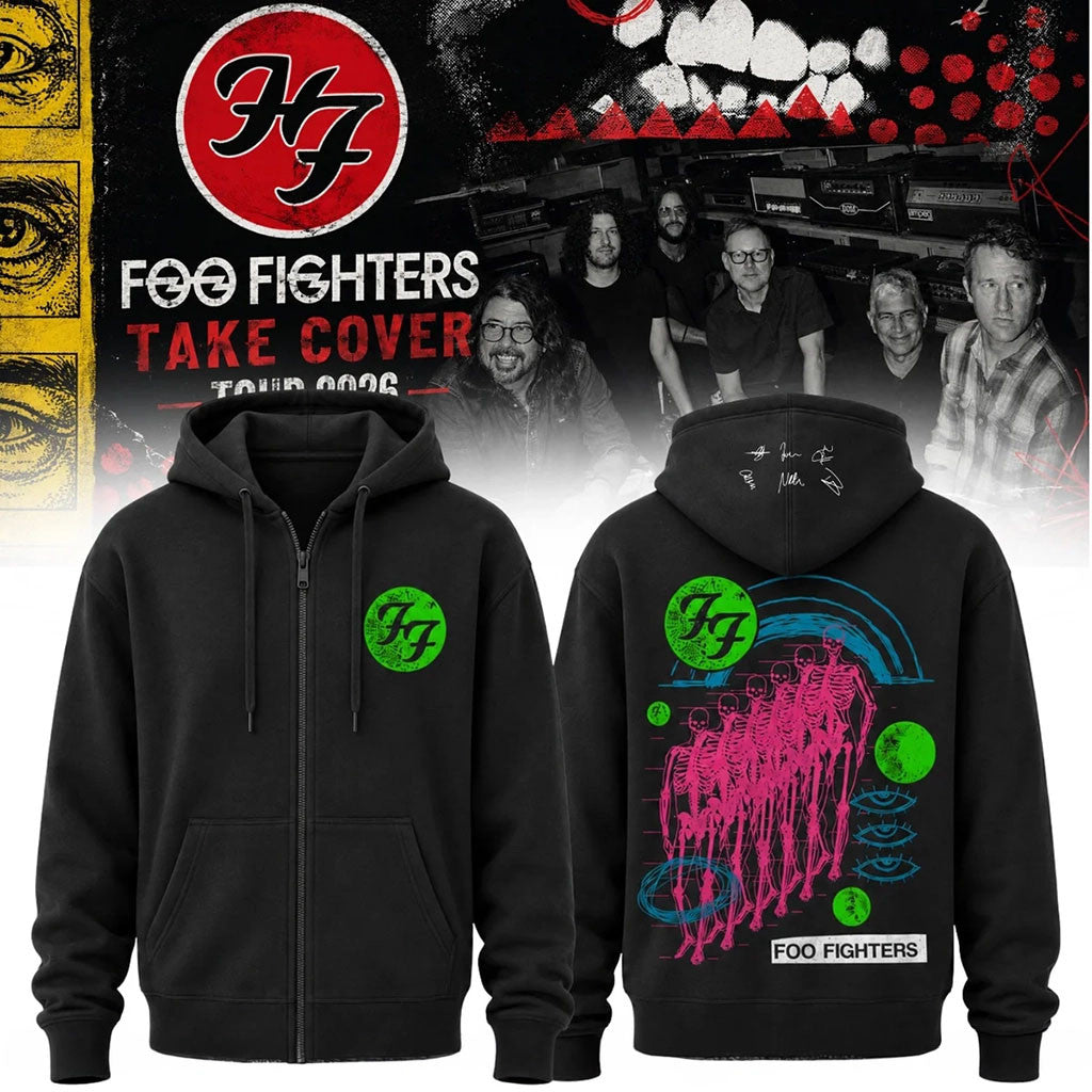 Foo Fighters 2026 Black Graphic Zip Hoodie Take Cover Tour Rock Band Music Apparel Fan Gifts - Merchluma