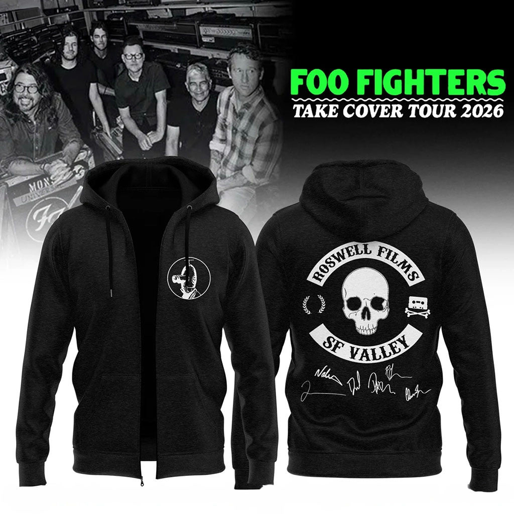 Foo Fighters 2026 Take Cover Tour Skull Zip Hoodie Foo Fighters Merch Rock Music Apparel Black - Merchluma