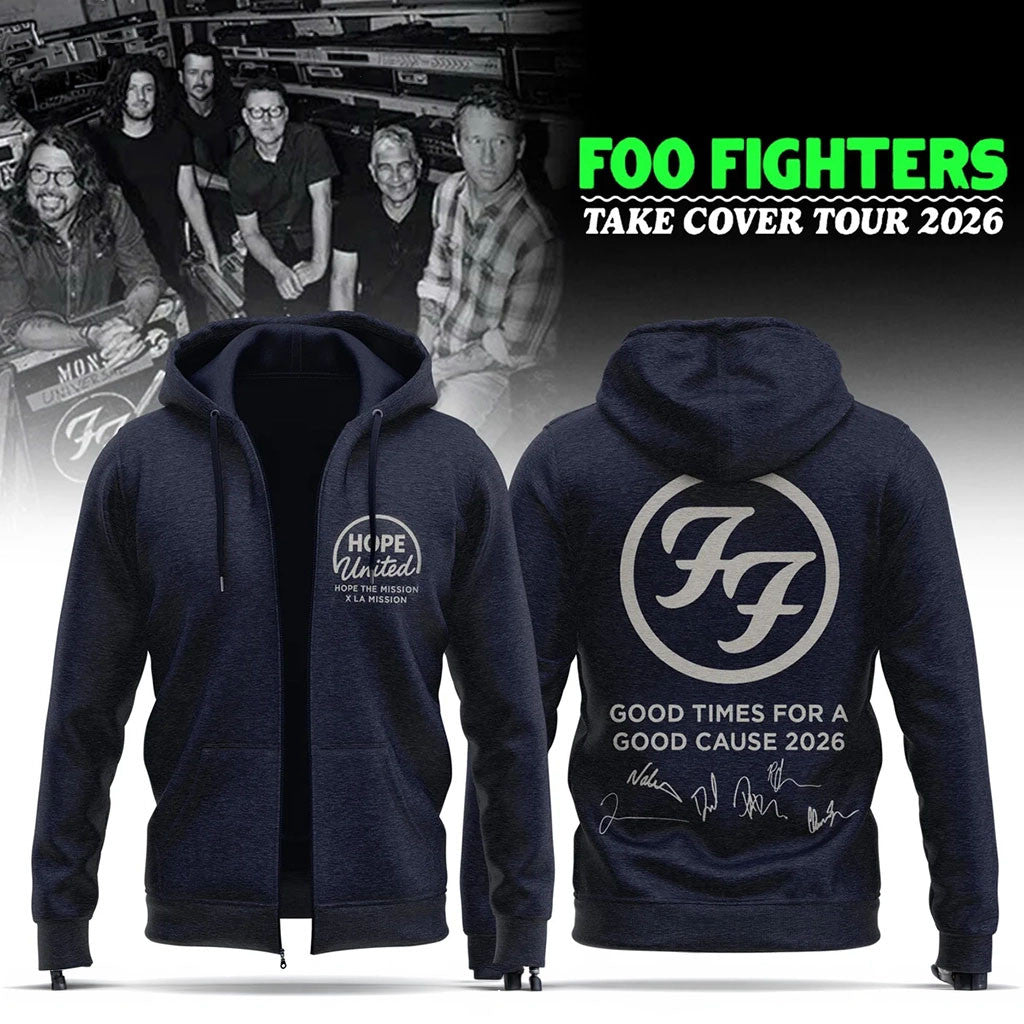 Foo Fighters Merch 2026 Take Cover Tour Zip Hoodie Good Times For A Good Cause 2026 Hoodie - Merchluma
