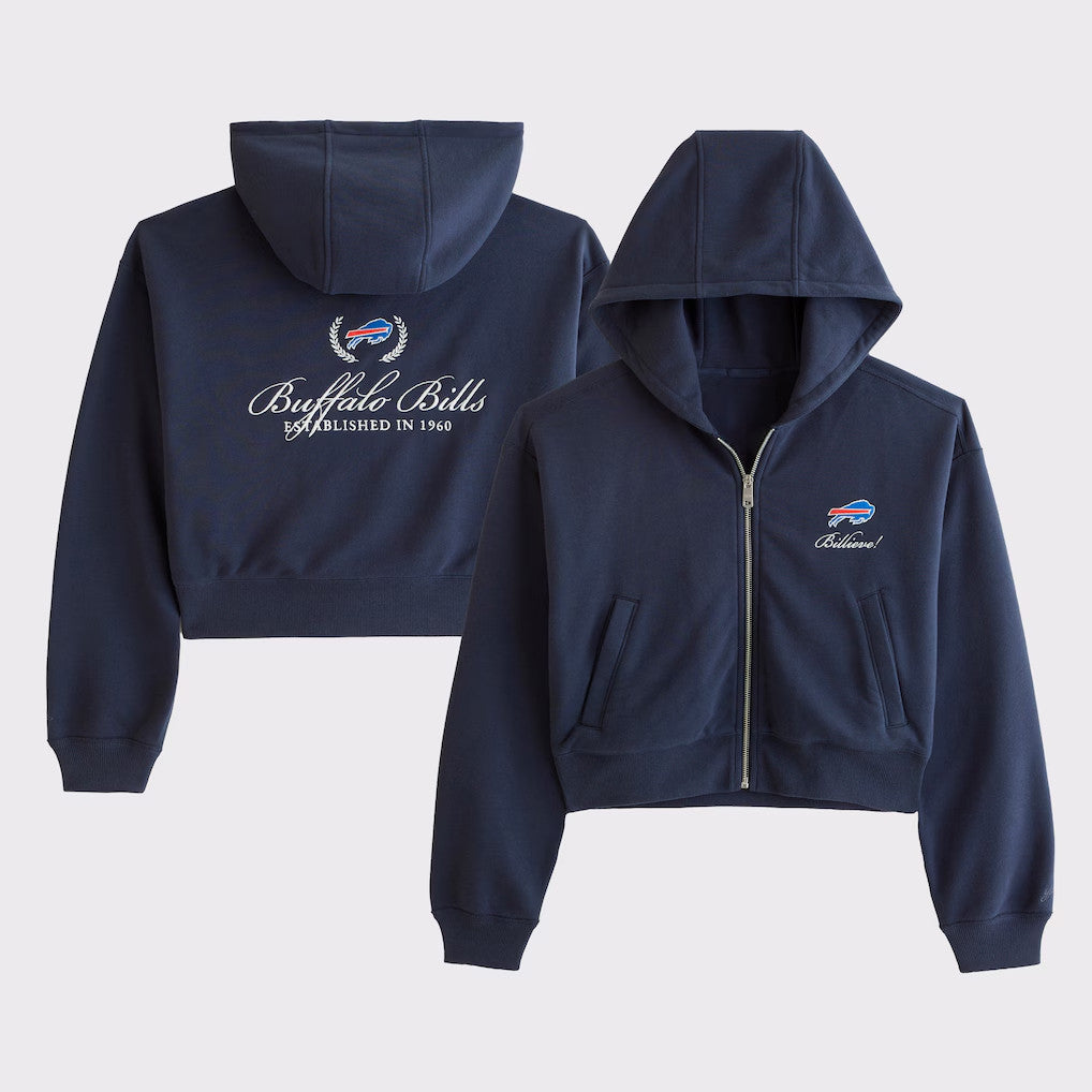 Abercrombie & Fitch x NFL Merch 2026 Buffalo Bills Football Navy Cropped Zip Hoodie Bills Merch - Merchluma