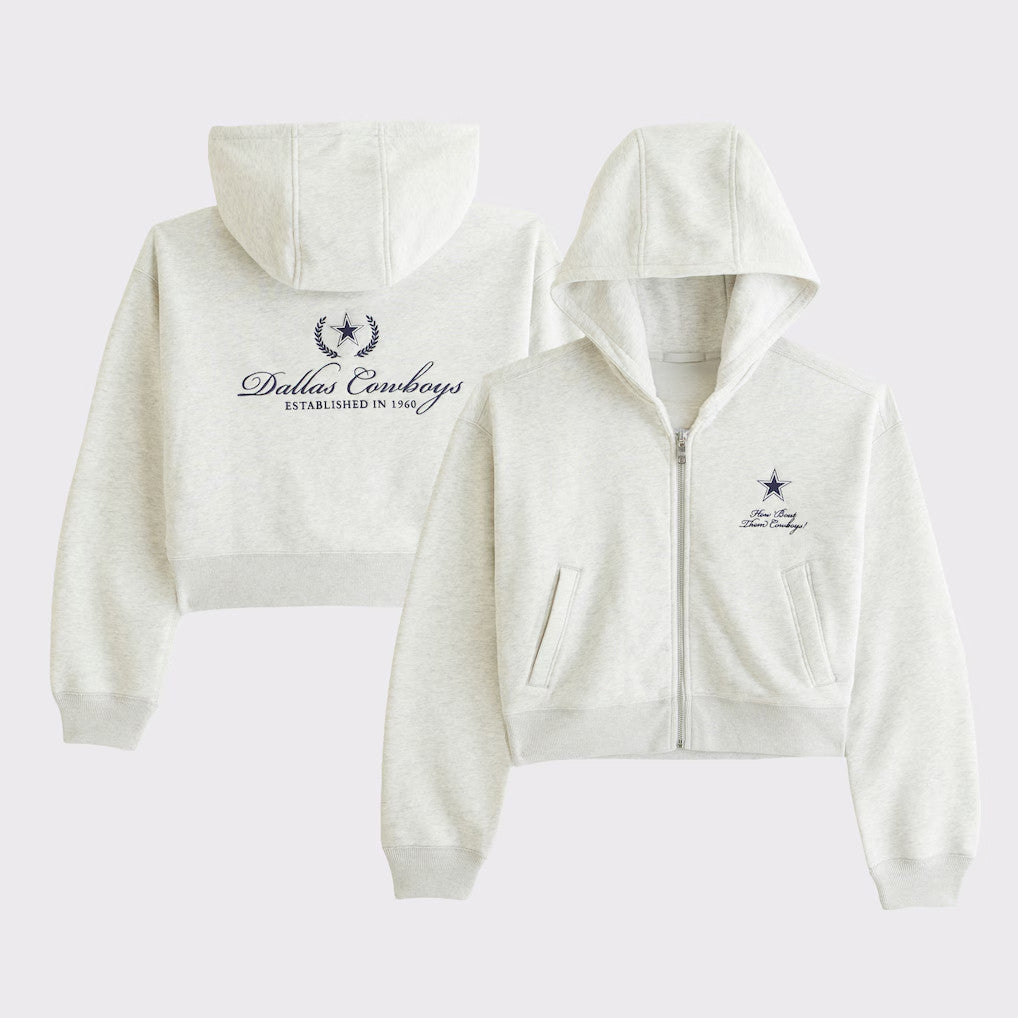 Abercrombie & Fitch x NFL Merch 2026 Dallas Cowboys Football Grey Cropped Zip Hoodie Cowboys Merch - Merchluma