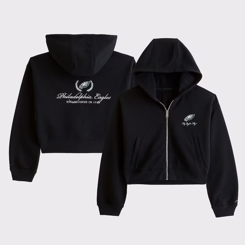 Abercrombie & Fitch x NFL Merch 2026 Philadelphia Eagles Football Cropped Zip Hoodie Eagles Merch - Merchluma