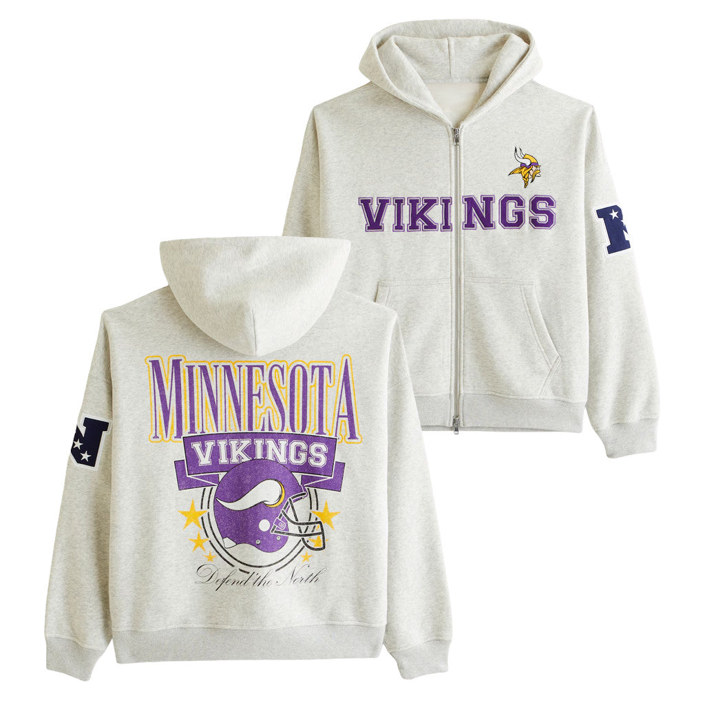 Abercrombie & Fitch x NFL Merch 2026 Minnesota Vikings Defend The North Zip Hoodie Vikings Merch - Merchluma
