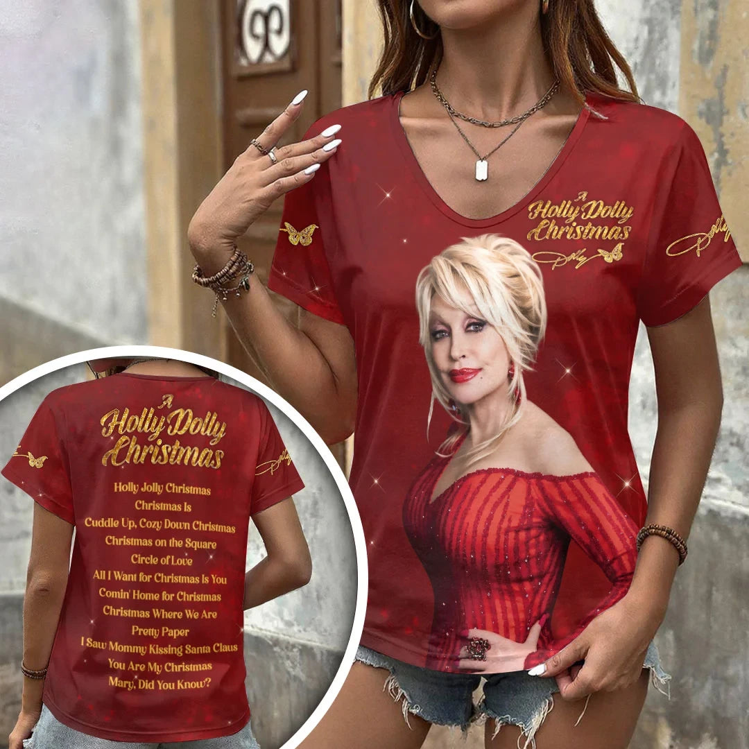 Dolly Parton Merch Holly Dolly Christmas V-Neck Shirt Dollywood Merch Gift For Music Fans - Merchluma