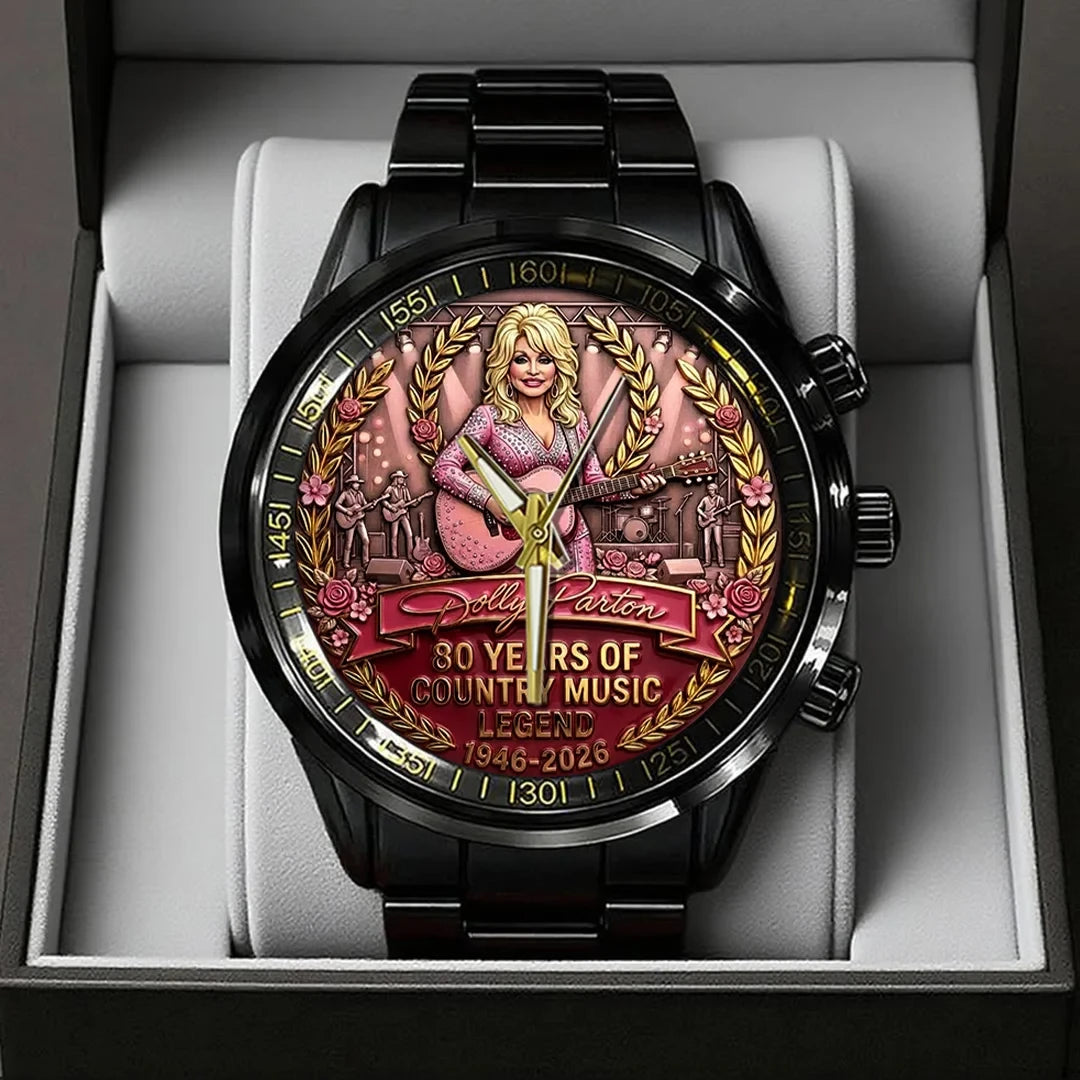 Dolly Parton Merch Dolly Parton 80 Years Of Country Music Legend Black Stainless Steel Watch - Merchluma