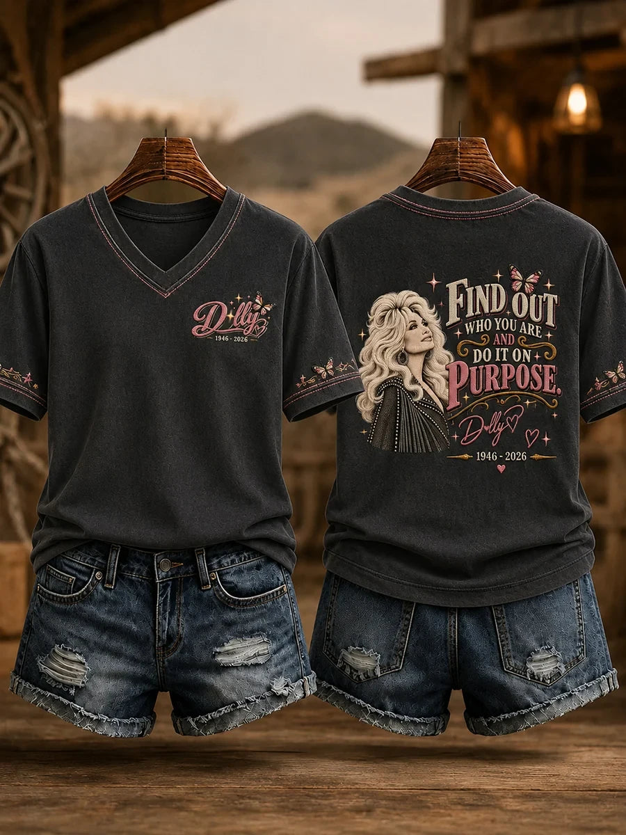 Dolly Parton Merch Find Out Who You Are Do It On Purpose V-Neck Shirt 1946 2026 RIP Shirt - Merchluma