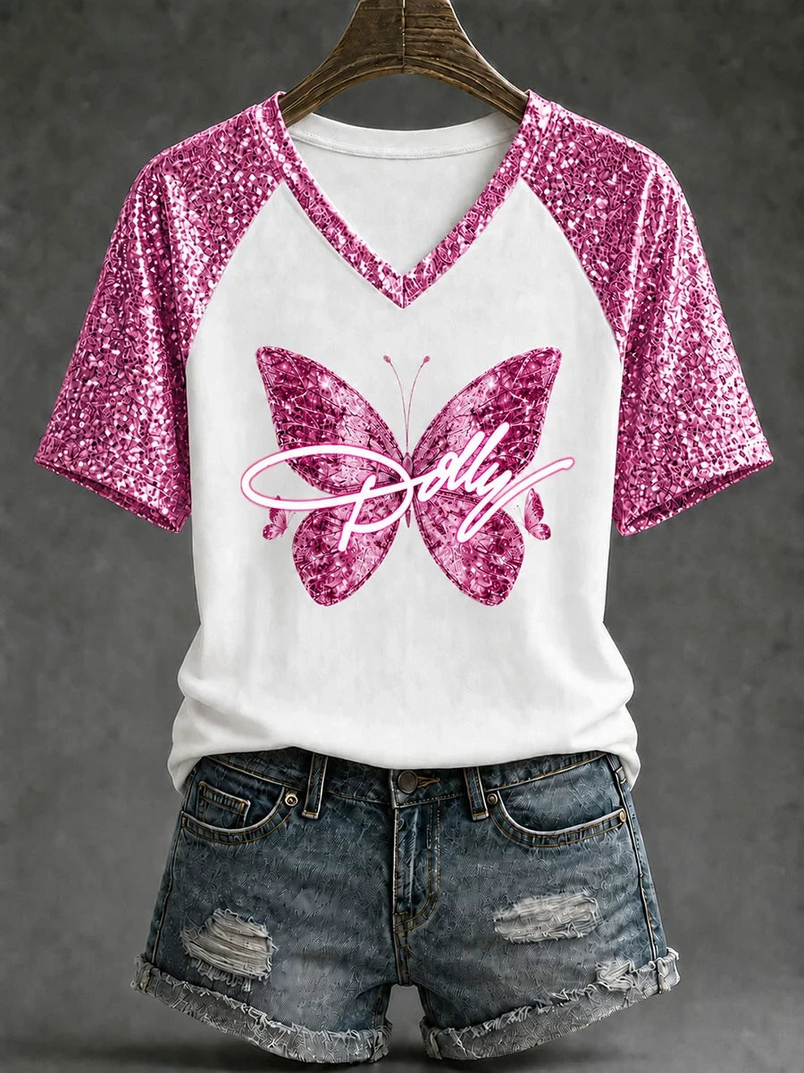 Dolly Parton Merch Butterfly Dolly V-Neck Shirt RIP Dolly Parton Shirts Memorial Gift For Her - Merchluma