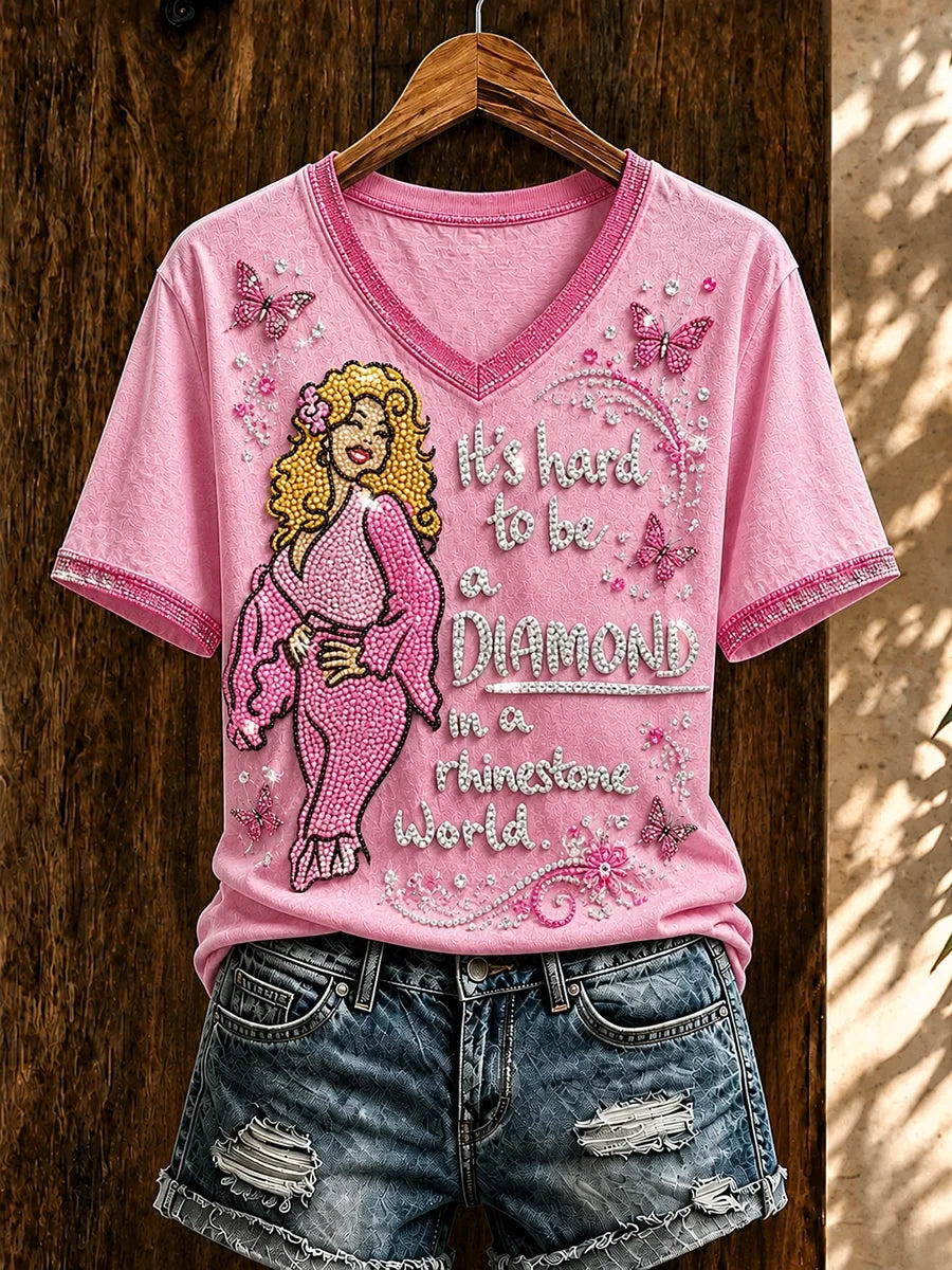 Dolly Parton Merch It_s Hard To Be A Diamond In A Rhinestone World V-Neck Shirt Memorial Tee - Merchluma