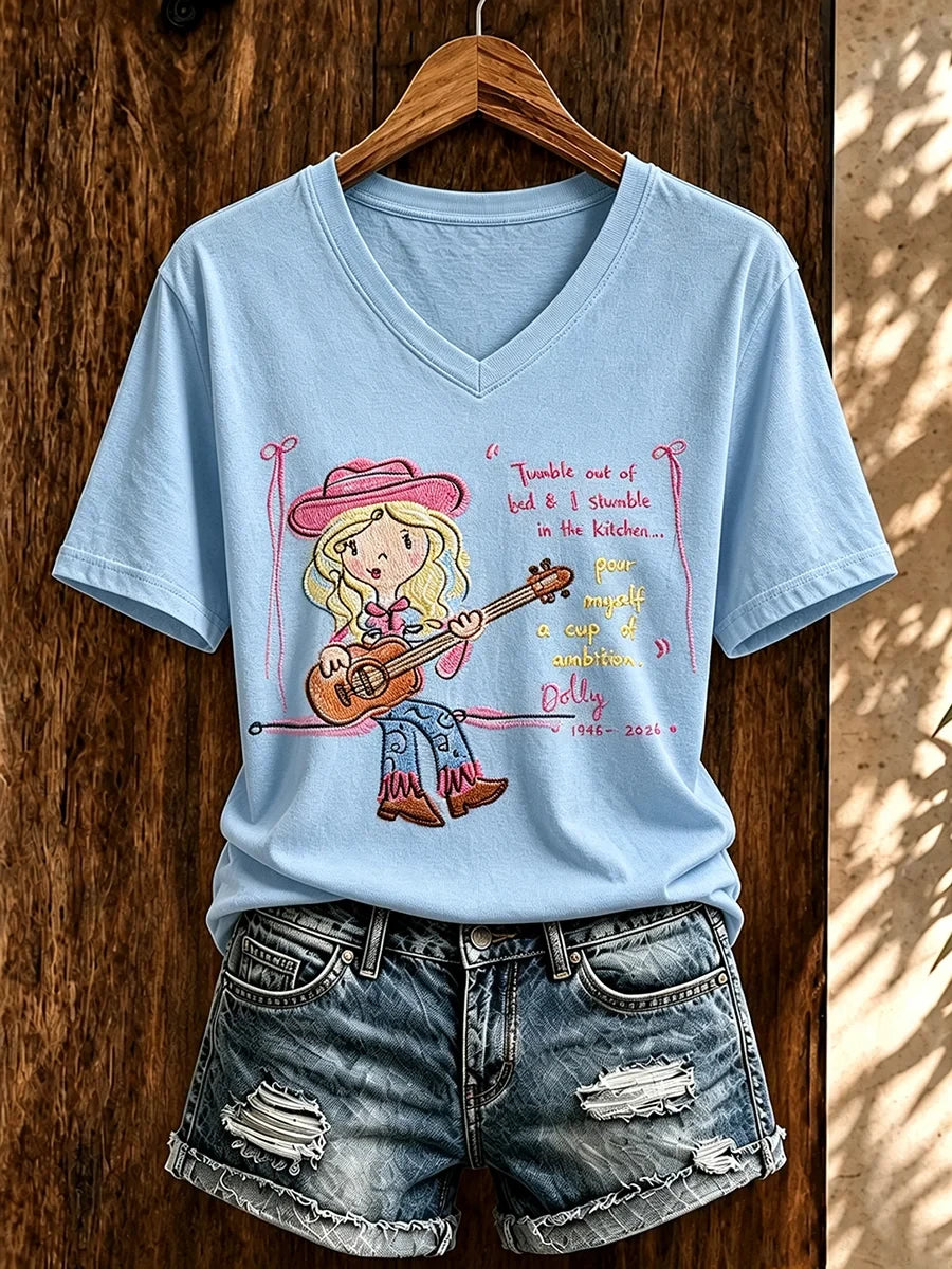 Dolly Parton Merch Pour Myself A Cup Of Ambition Dolly Parton V-Neck Shirt 1946 2026 RIP Tee - Merchluma