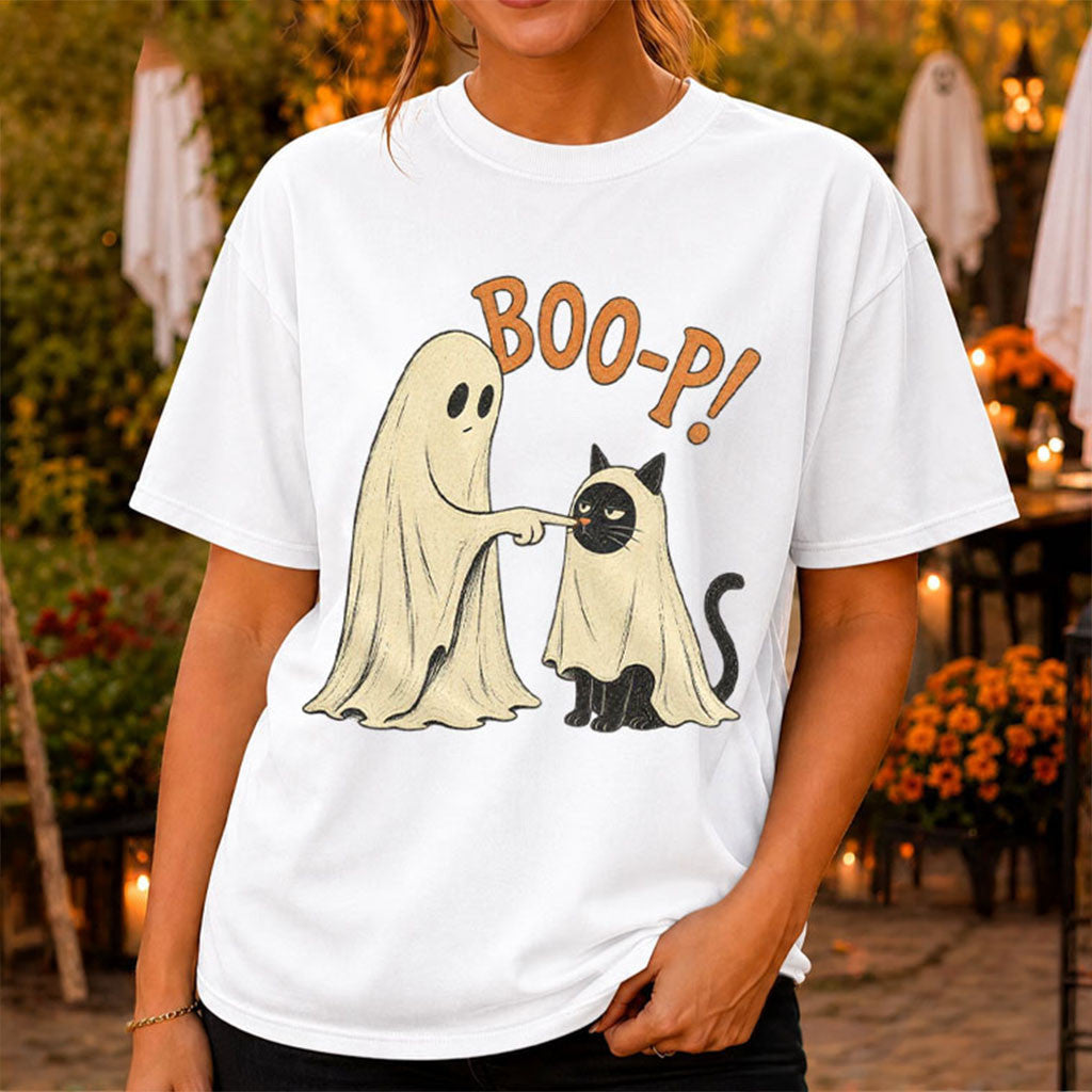Boo-P Ghost Cat Shirt Funny Halloween Black Cat Spooky Season T-Shirt Friends Gifts - Merchluma