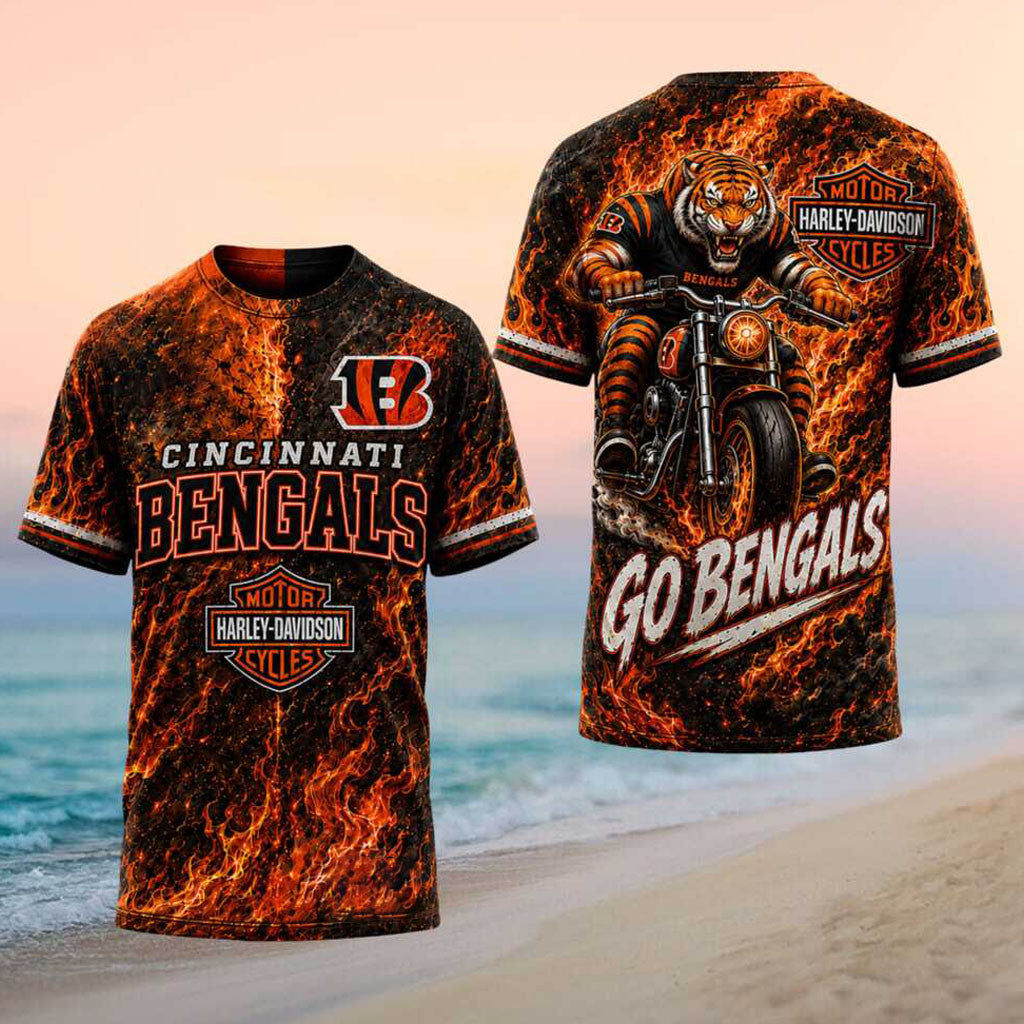 Cincinnati Bengals Tiger Biker Flame Shirt Go Bengals Merch Presents For Football Fans - Merchluma
