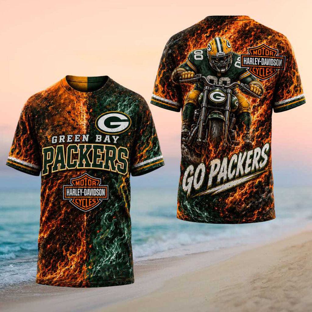 Green Bay Packers Motorcycle Rider Flame Shirt Packers Merch Football Fan Gift Ideas - Merchluma