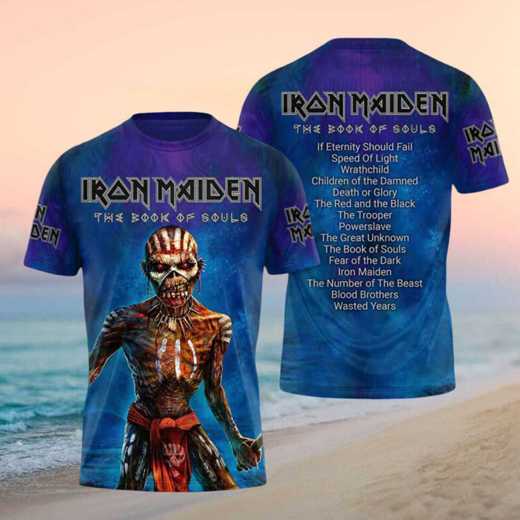 Iron Maiden Book Of Souls Eddie Tracklist Blue Tie Dye Shirt Iron Maiden Merch Gifts For Fan - Merchluma