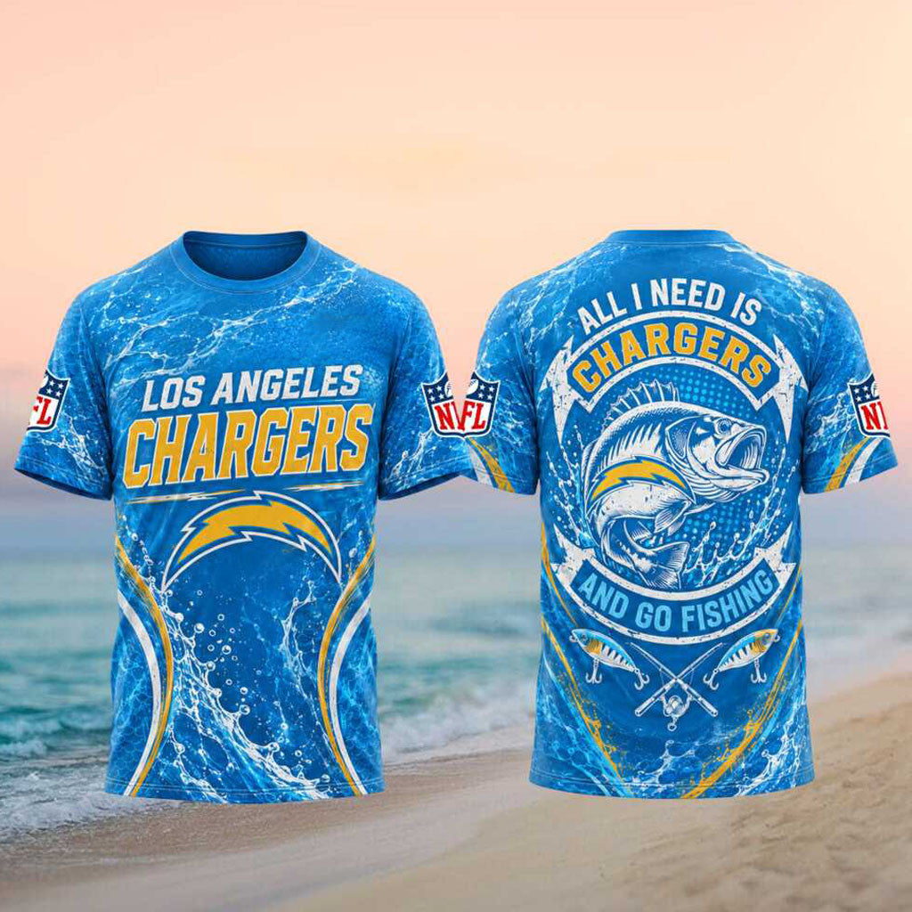 Los Angeles Chargers All I Need Is And Go Fishing Shirt Chargers Merch Gifts For Fishing Lovers - Merchluma