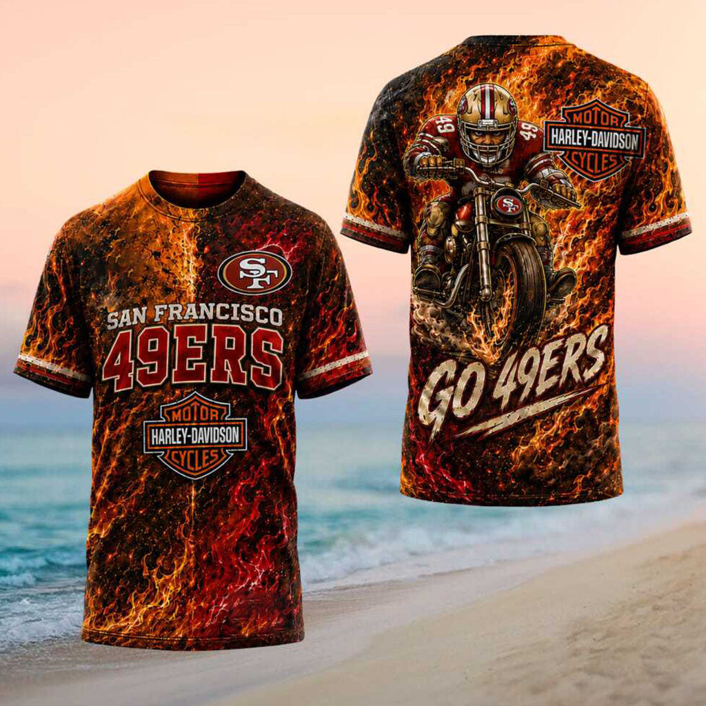 San Francisco 49ers Biker Rider Fire Flame Shirt 49ers Merch Bikers Gifts - Merchluma